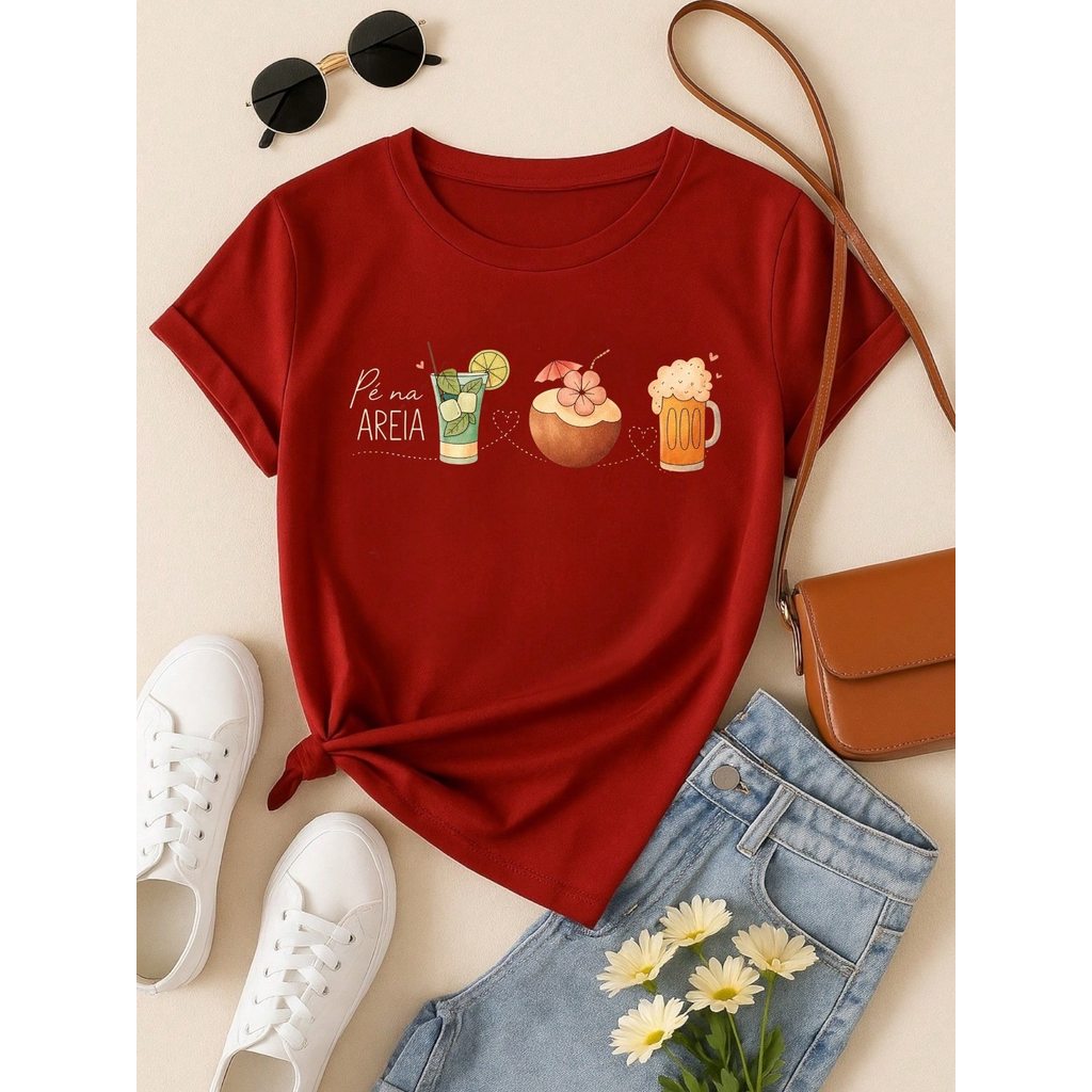 Blusa Feminina 100% Algodão – Estampa Pé na Areia Drinks Confortável – Estampa Verão Praia