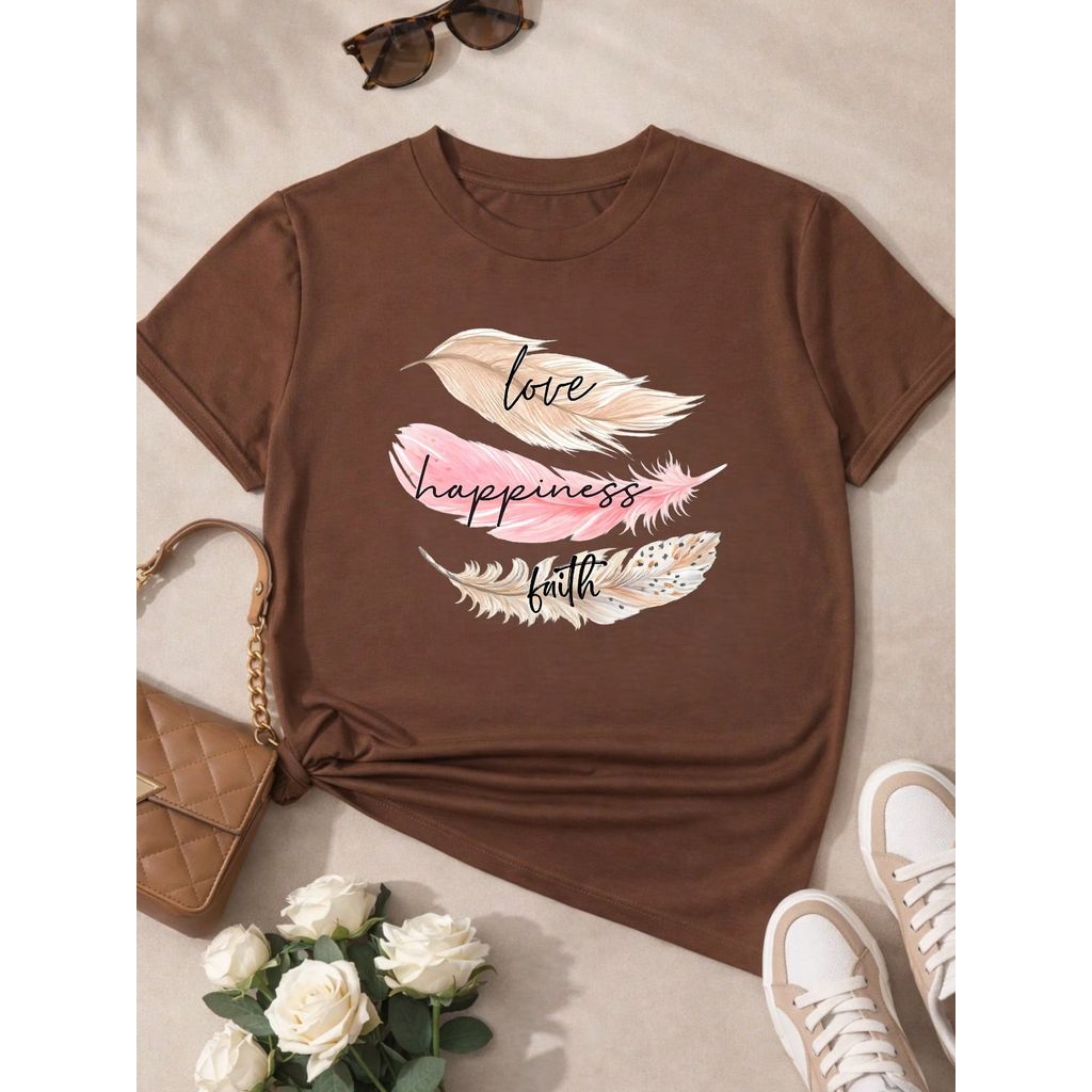 Camiseta Feminina 100% Algodão Estampa Love Happiness Faith Penas Casual P-GG