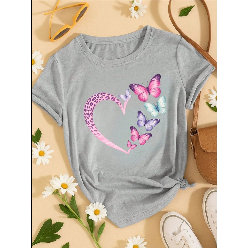 Camiseta Feminina 100% Algodão Coração com Borboletas Estampa Delicada Casual P-GG