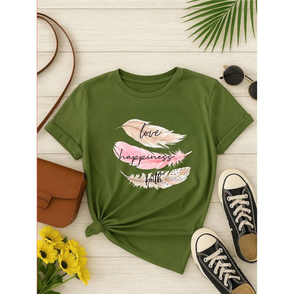 Camiseta Feminina 100% Algodão Estampa Love Happiness Faith Penas Casual P-GG