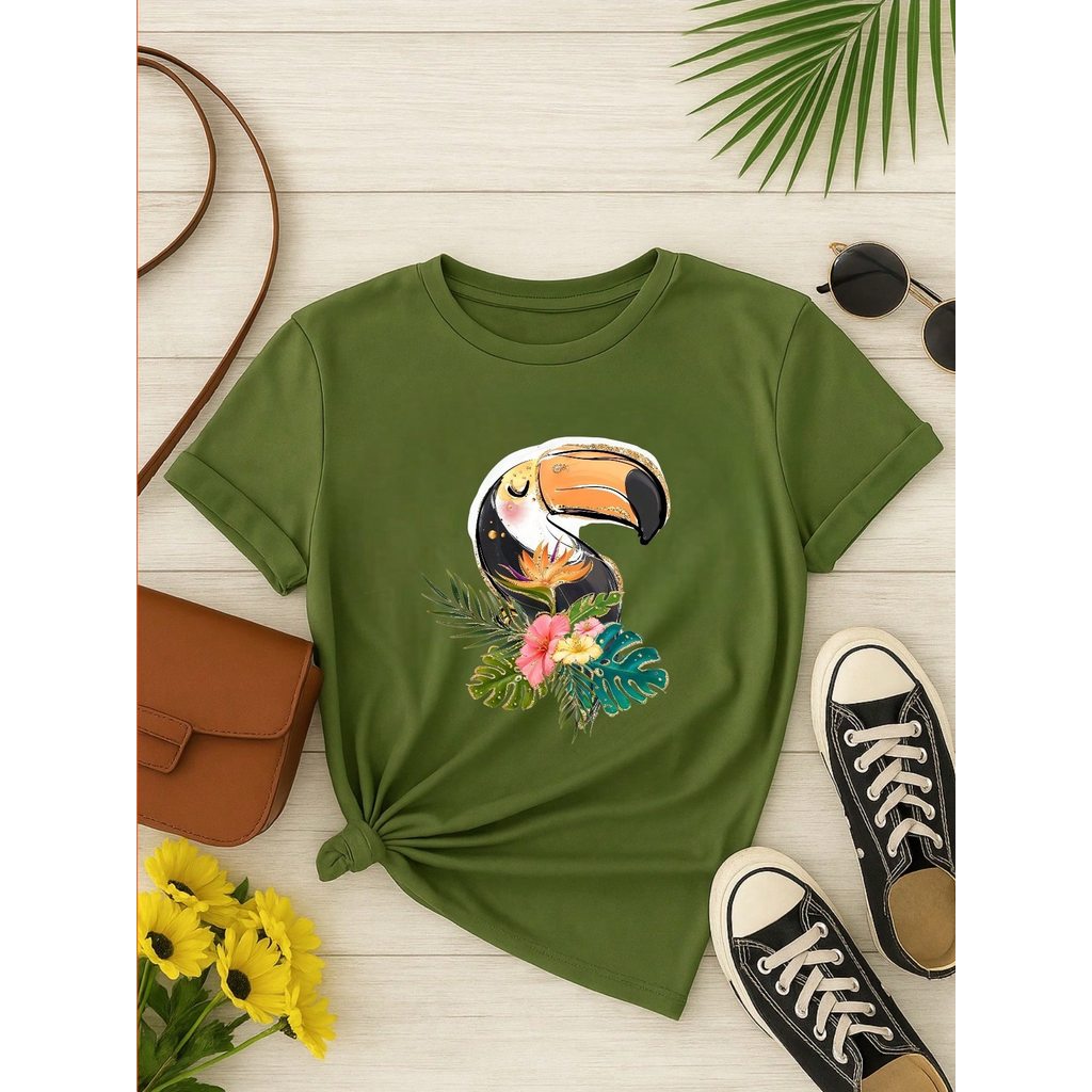Blusa Feminina 100% Algodão Estampa Tucano Tropical | Camiseta Casual Confortável