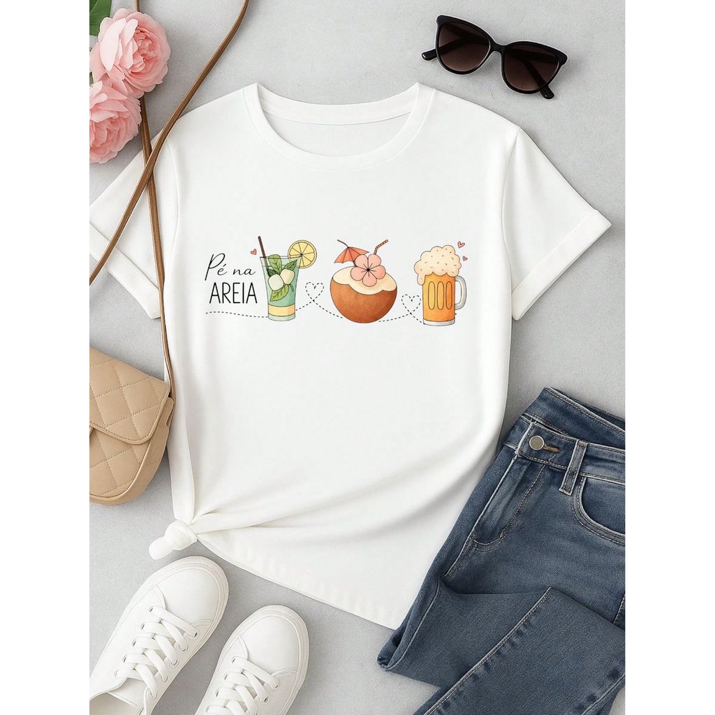 Blusa Feminina 100% Algodão – Estampa Pé na Areia Drinks Confortável – Estampa Verão Praia
