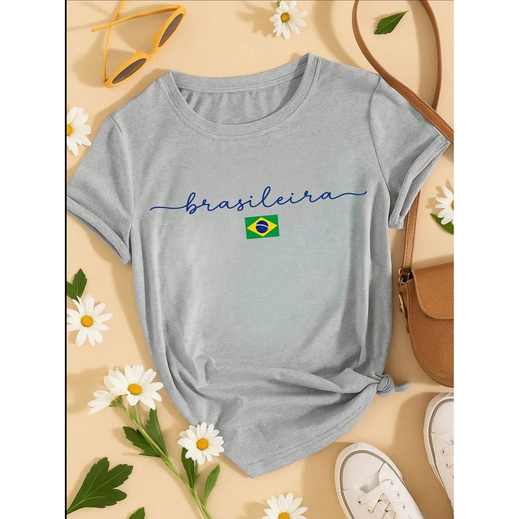 Camiseta Feminina Brasileira Copa Brasil 100% Algodão Estampa Minimalista Casual Confortável P-GG
