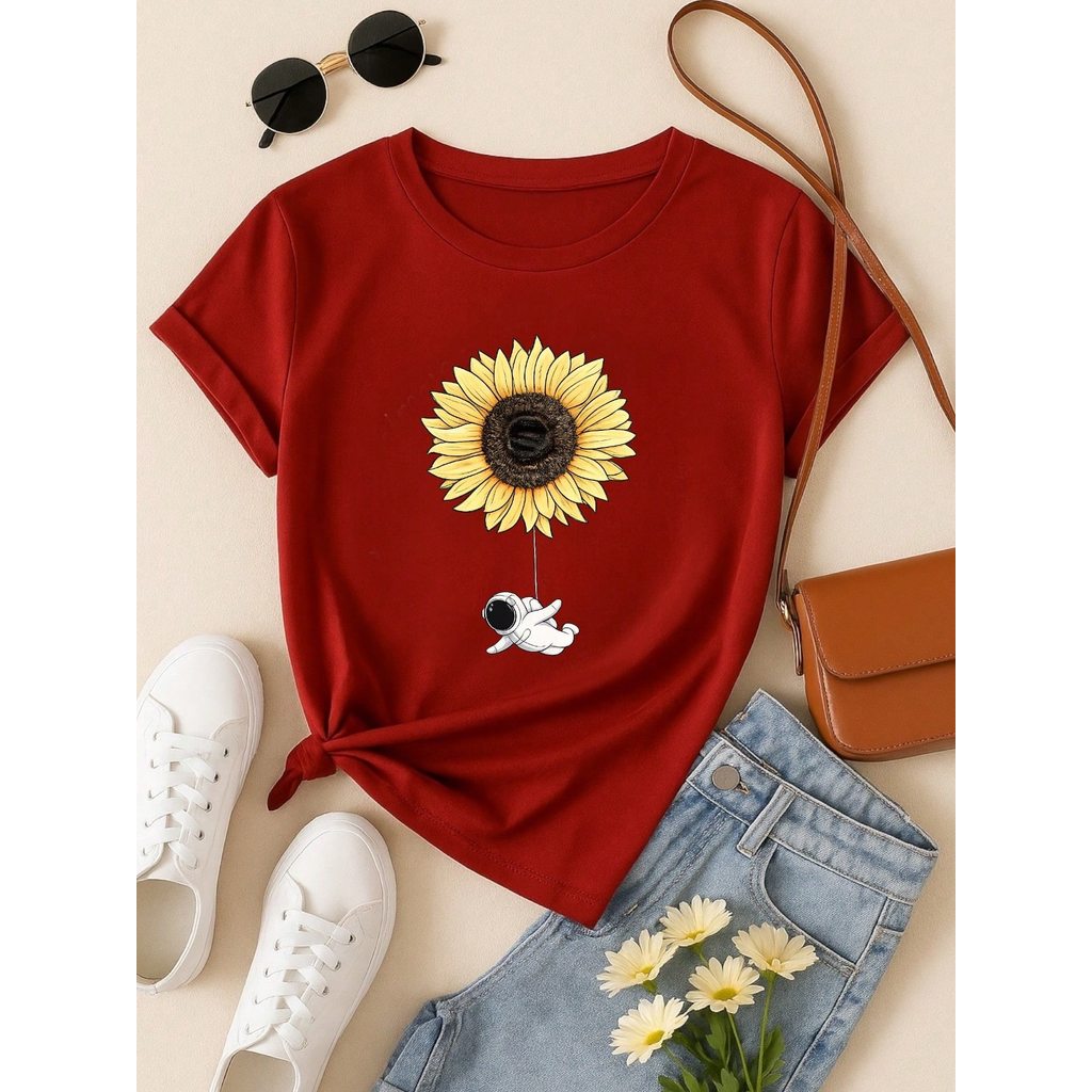 Camiseta Feminina Blusa T-shirt 100% Algodão Estampa Girassol Astronauta Casual P-GG