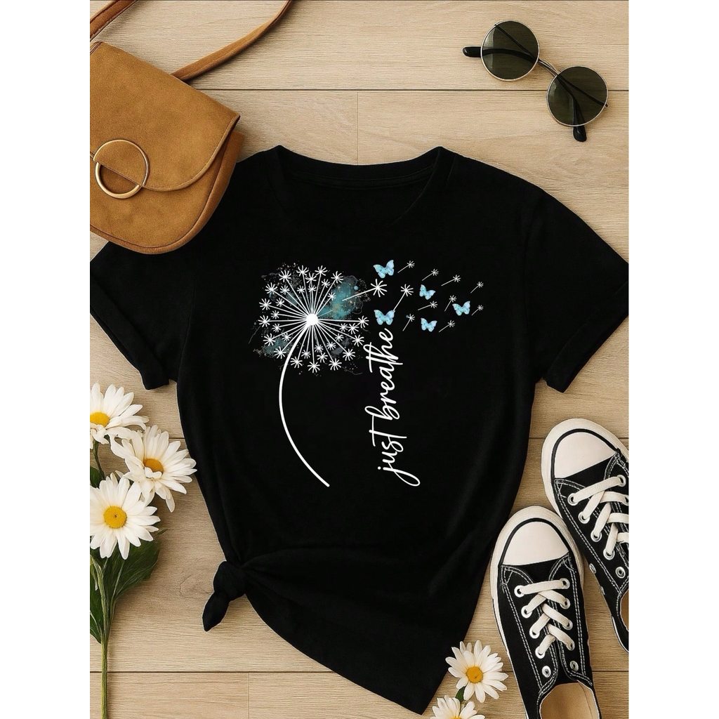 Camiseta Feminina Estampa Just Breathe Algodão Casual Confortável Manga Curta