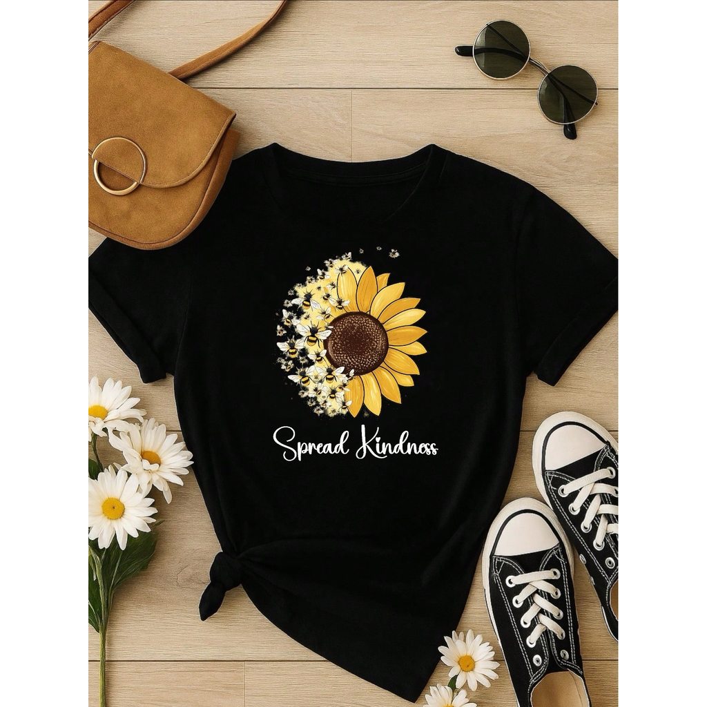 Camiseta Feminina Blusa T-shirt 100% Algodão Estampa Girassol Astronauta Casual P-GG