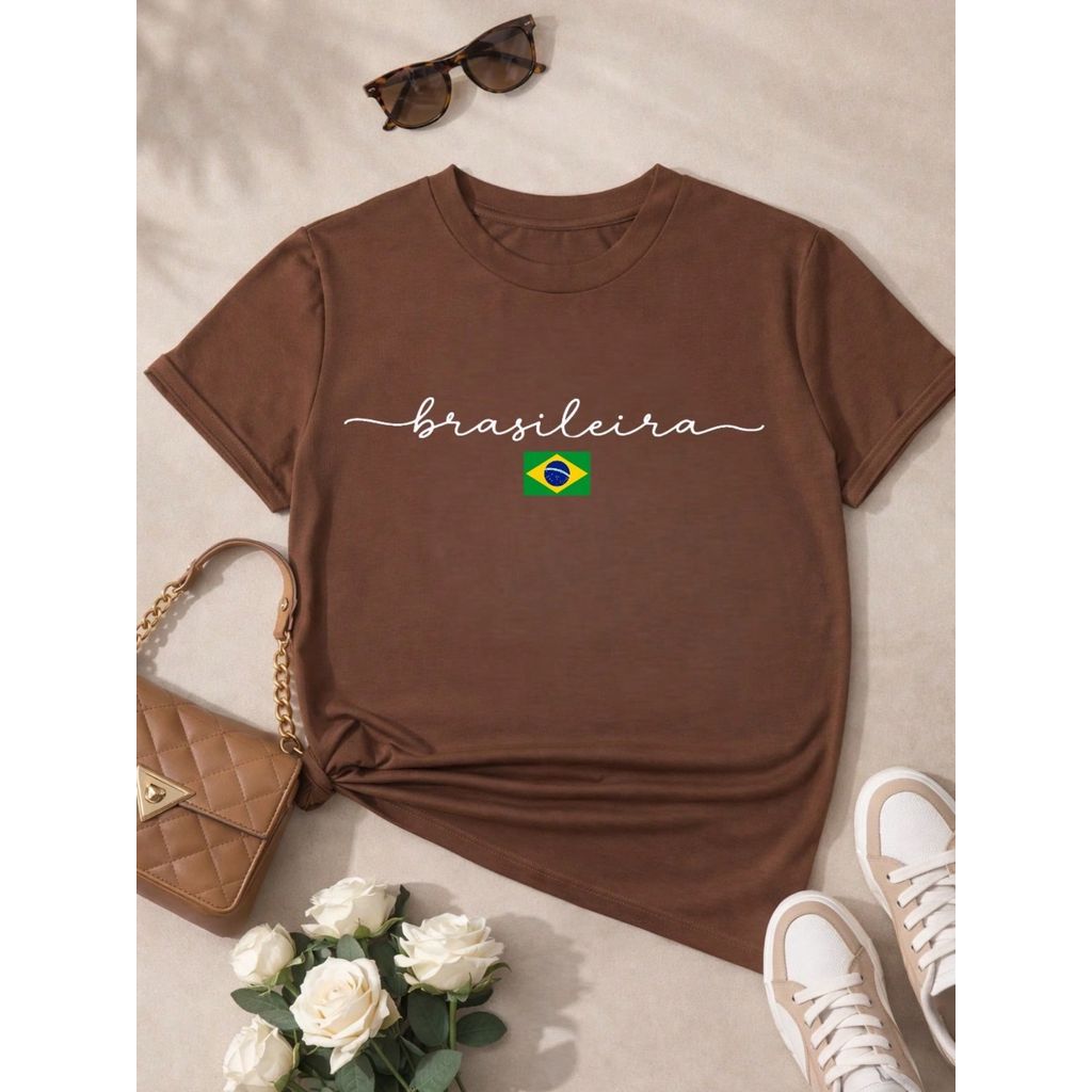 Camiseta Feminina Brasileira Copa Brasil 100% Algodão Estampa Minimalista Casual Confortável P-GG