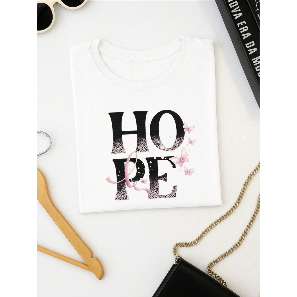 Camiseta Feminina 100% Algodão TShirt Babylook BLUSA Estampa HOPE com Borboletas Casual P-GG