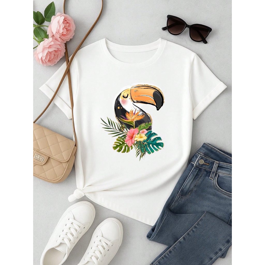 Blusa Feminina 100% Algodão Estampa Tucano Tropical | Camiseta Casual Confortável