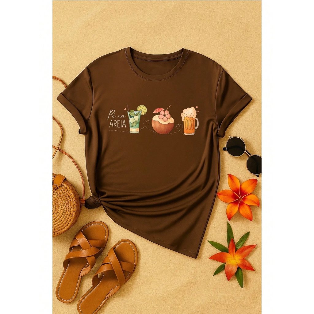 Blusa Feminina 100% Algodão – Estampa Pé na Areia Drinks Confortável – Estampa Verão Praia