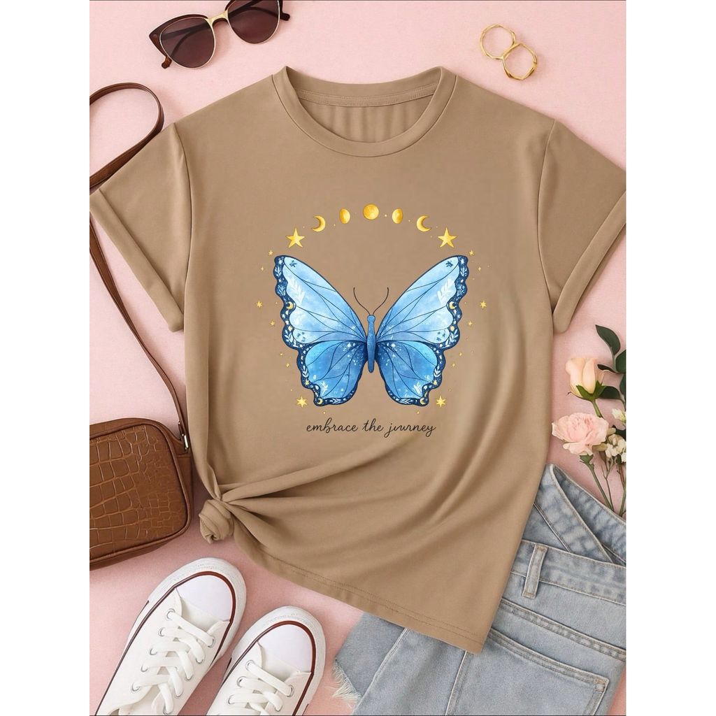 Camiseta Feminina 100% Algodão Estampa Love Happiness Faith Penas Casual P-GG