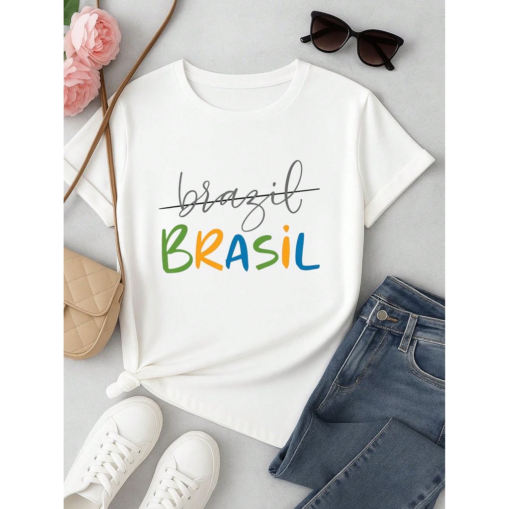 Camiseta Feminina Brasil Copa Estampada Casual 100% Algodão Manga Curta Confortável Verão