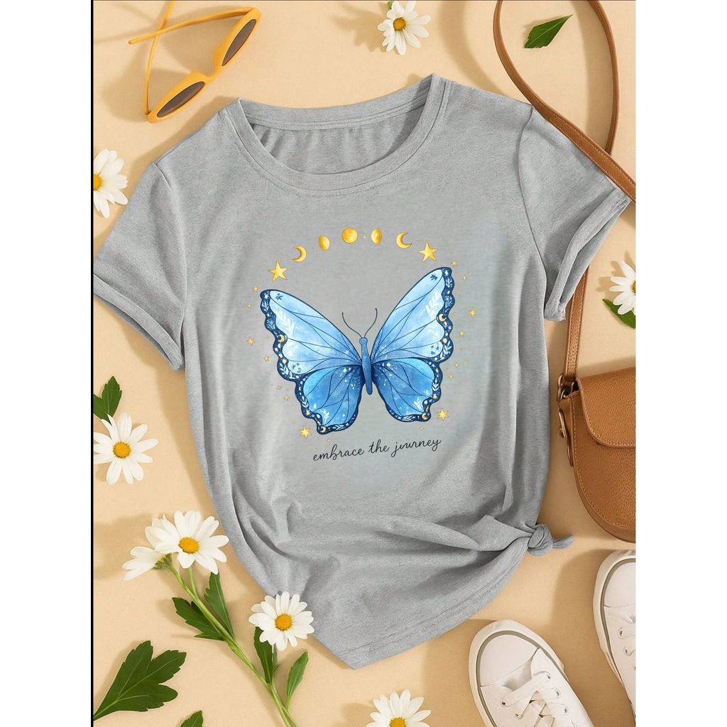 Camiseta Feminina 100% Algodão Estampa Love Happiness Faith Penas Casual P-GG