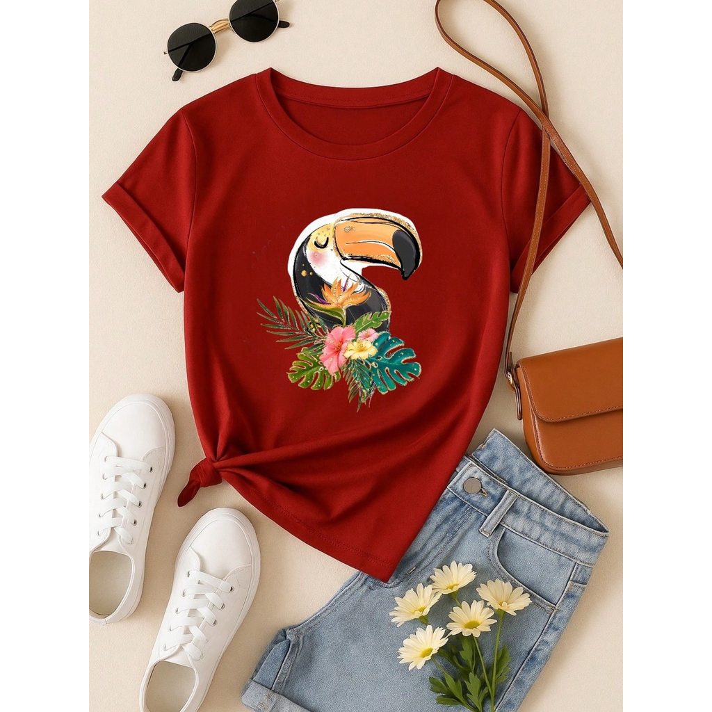Blusa Feminina 100% Algodão Estampa Tucano Tropical | Camiseta Casual Confortável