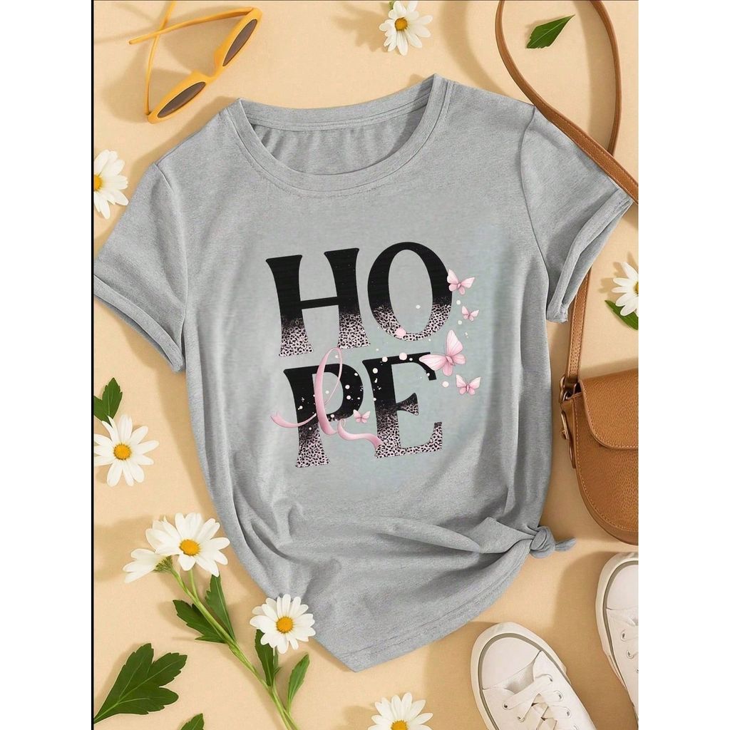 Camiseta Feminina 100% Algodão TShirt Babylook BLUSA Estampa HOPE com Borboletas Casual P-GG