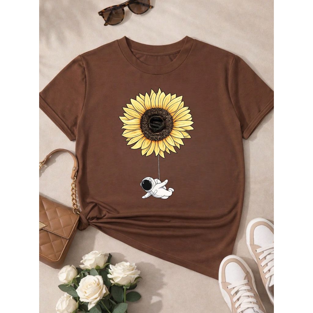 Camiseta Feminina Blusa T-shirt 100% Algodão Estampa Girassol Astronauta Casual P-GG