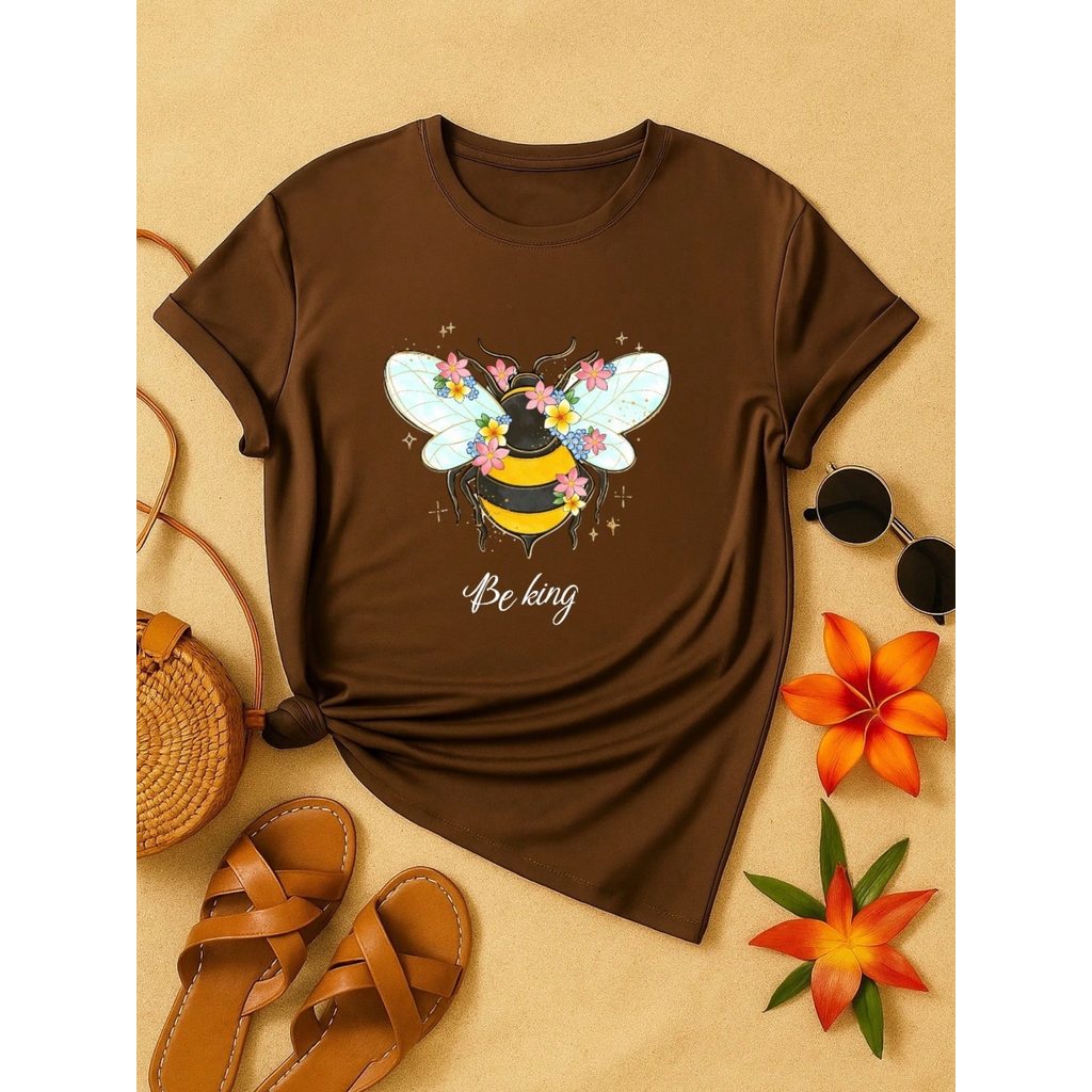 Blusa Feminina 100% Algodão Be Kind | Camiseta Estampada Abelha Floral Casual | P ao GG