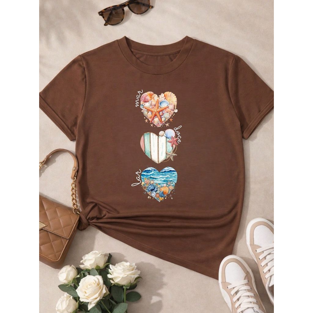 Camiseta Feminina T-shirt 100% Algodão  Blusa Feminina  Estampa Mar Doce Lar Praia Casual P-GG