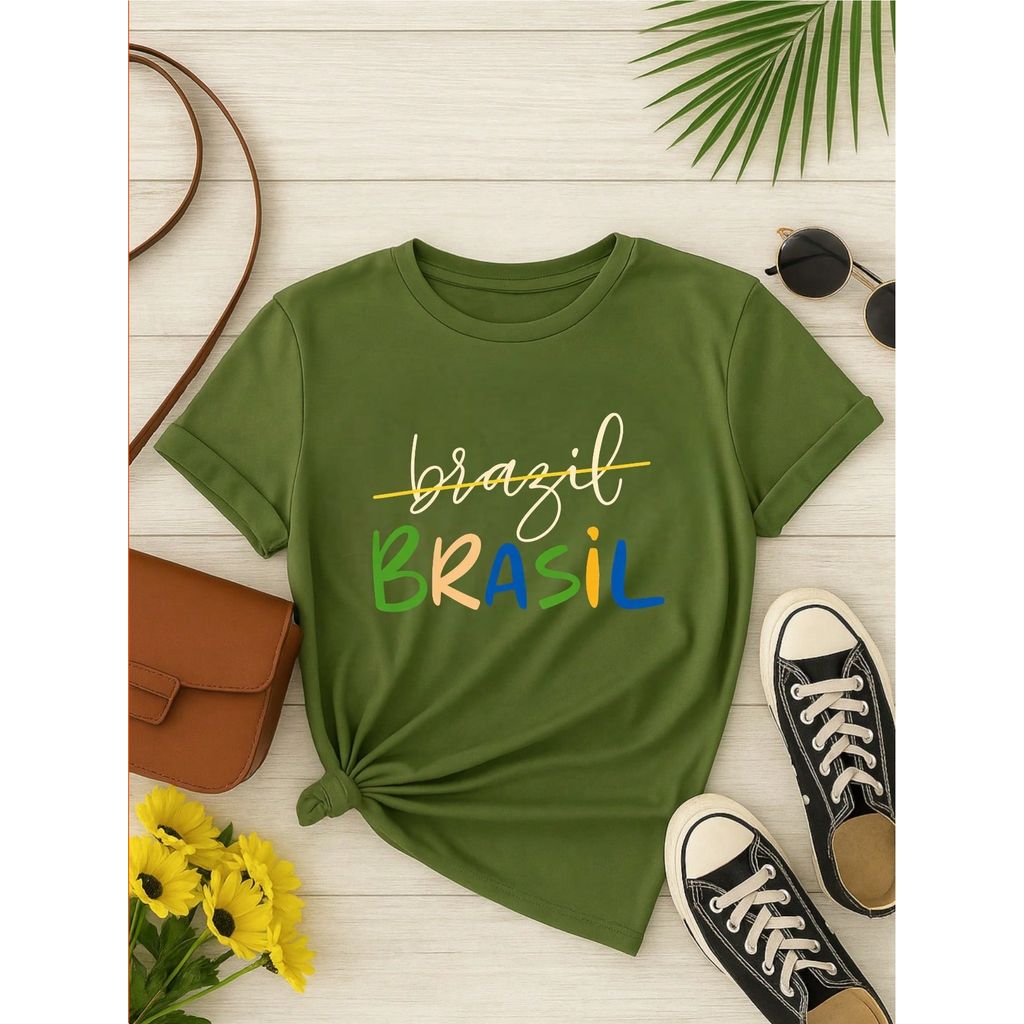 Camiseta Feminina Brasil Copa Estampada Casual 100% Algodão Manga Curta Confortável Verão