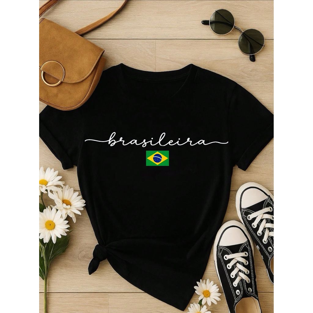 Camiseta Feminina Brasileira Copa Brasil 100% Algodão Estampa Minimalista Casual Confortável P-GG