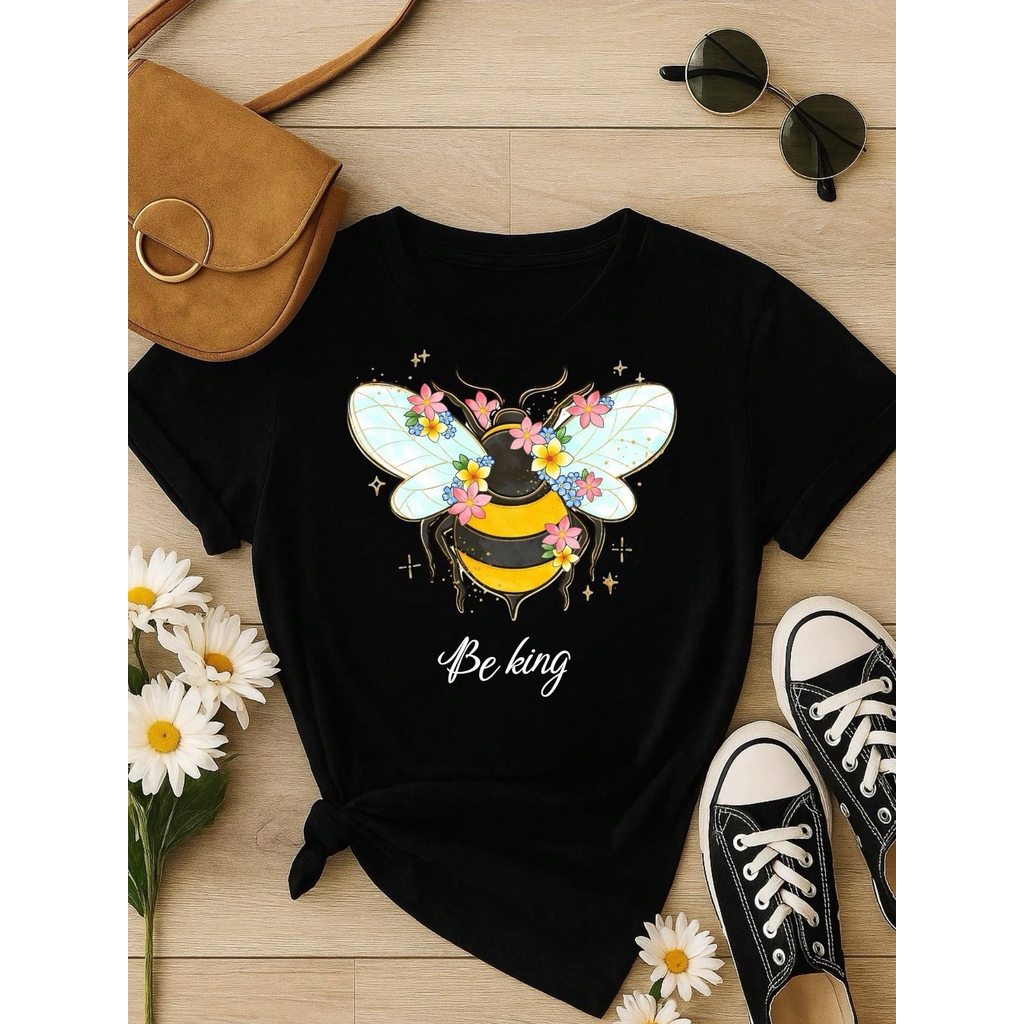 Blusa Feminina 100% Algodão Be Kind | Camiseta Estampada Abelha Floral Casual | P ao GG