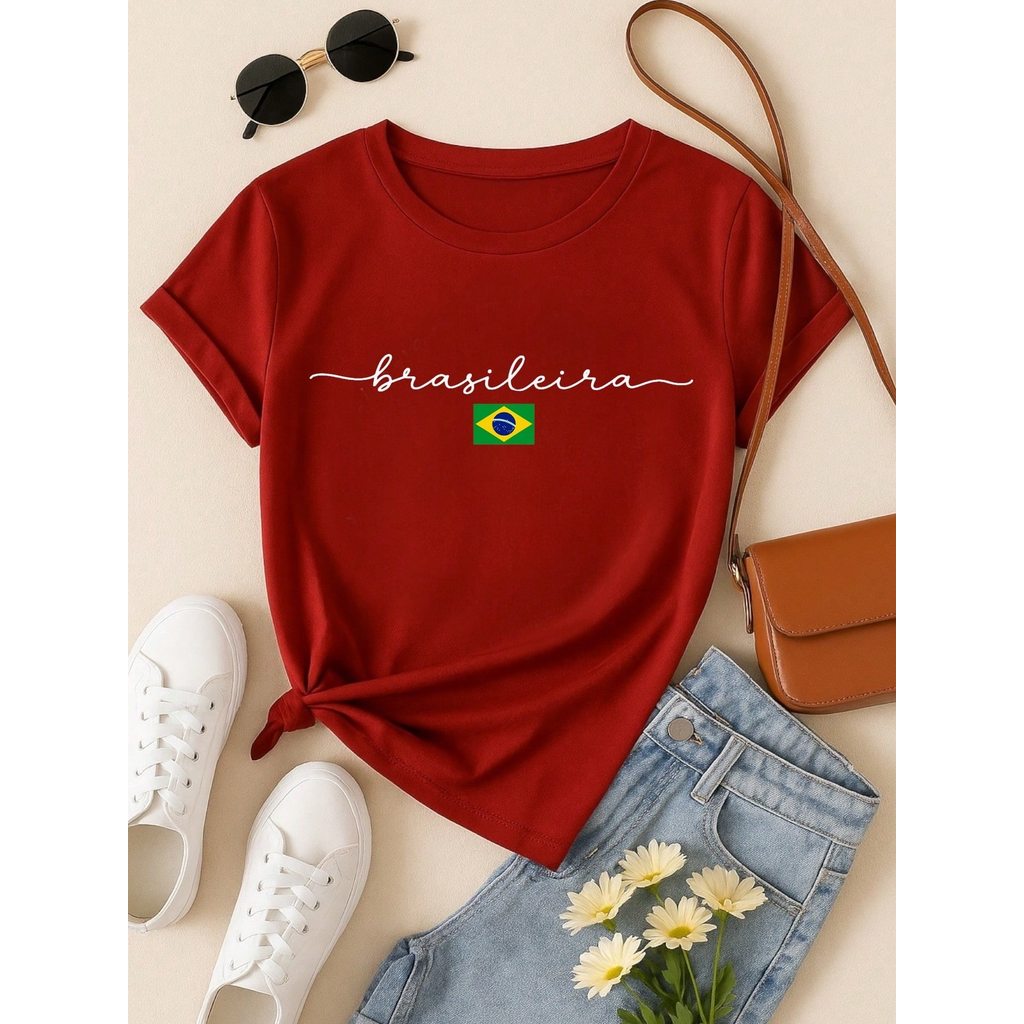 Camiseta Feminina Brasileira Copa Brasil 100% Algodão Estampa Minimalista Casual Confortável P-GG