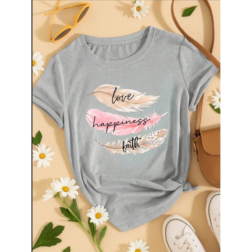 Camiseta Feminina 100% Algodão Estampa Love Happiness Faith Penas Casual P-GG
