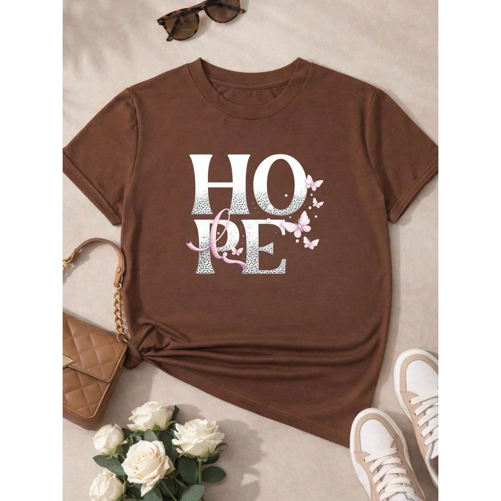 Camiseta Feminina 100% Algodão TShirt Babylook BLUSA Estampa HOPE com Borboletas Casual P-GG