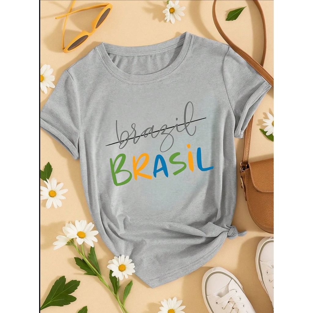 Camiseta Feminina Brasil Copa Estampada Casual 100% Algodão Manga Curta Confortável Verão