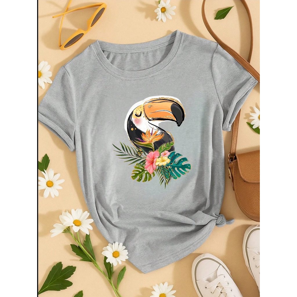 Blusa Feminina 100% Algodão Estampa Tucano Tropical | Camiseta Casual Confortável