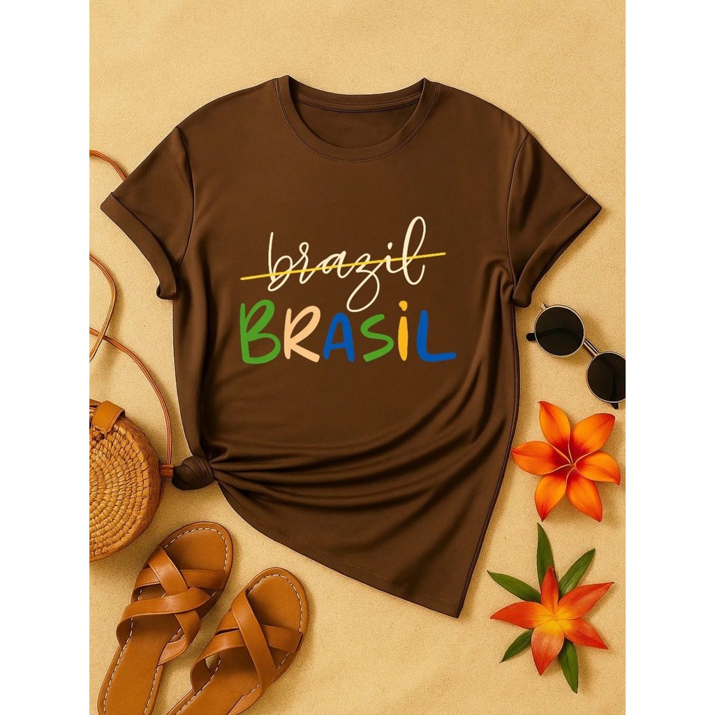 Camiseta Feminina Brasil Copa Estampada Casual 100% Algodão Manga Curta Confortável Verão