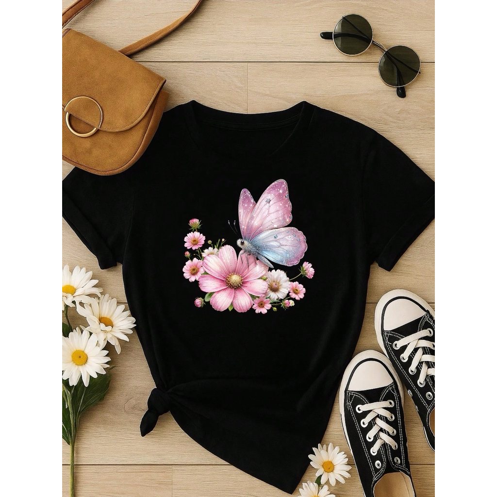 Blusa Feminina 100% Algodão Estampa Borboleta Floral | Camiseta Casual Confortável P ao GG