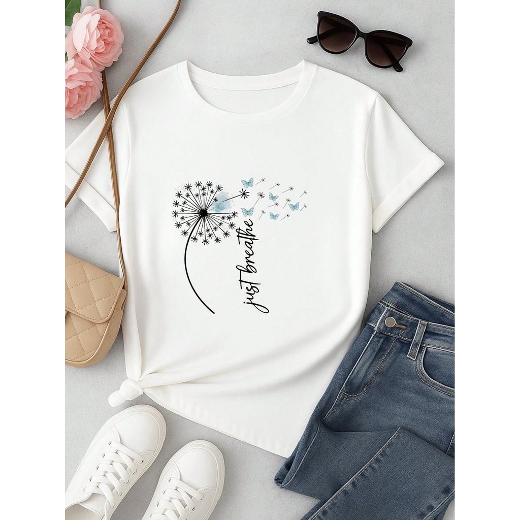 Camiseta Feminina Estampa Just Breathe Algodão Casual Confortável Manga Curta