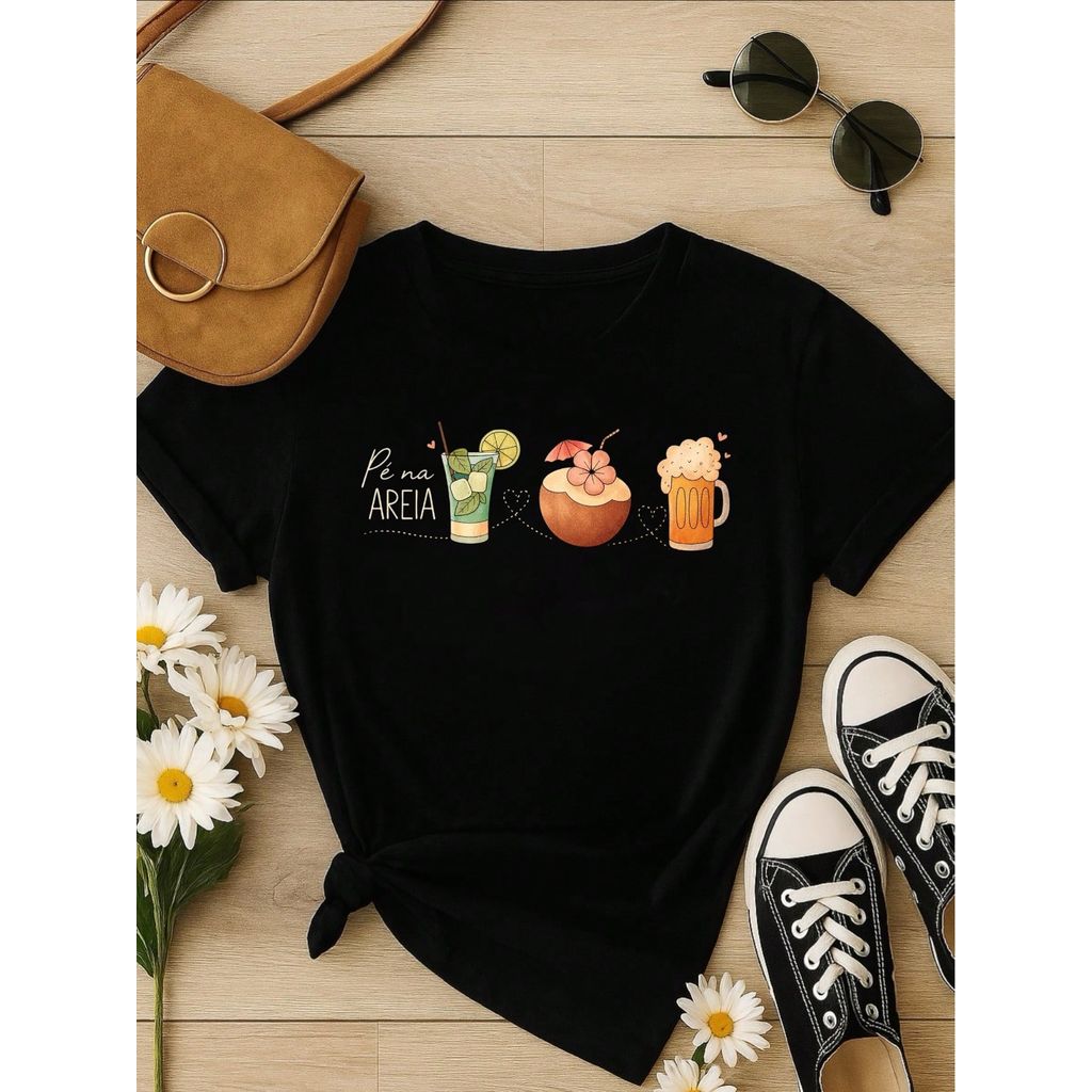 Blusa Feminina 100% Algodão – Estampa Pé na Areia Drinks Confortável – Estampa Verão Praia