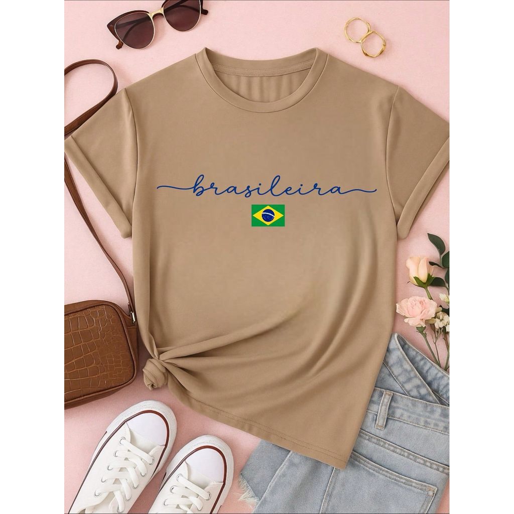 Camiseta Feminina Brasileira Copa Brasil 100% Algodão Estampa Minimalista Casual Confortável P-GG