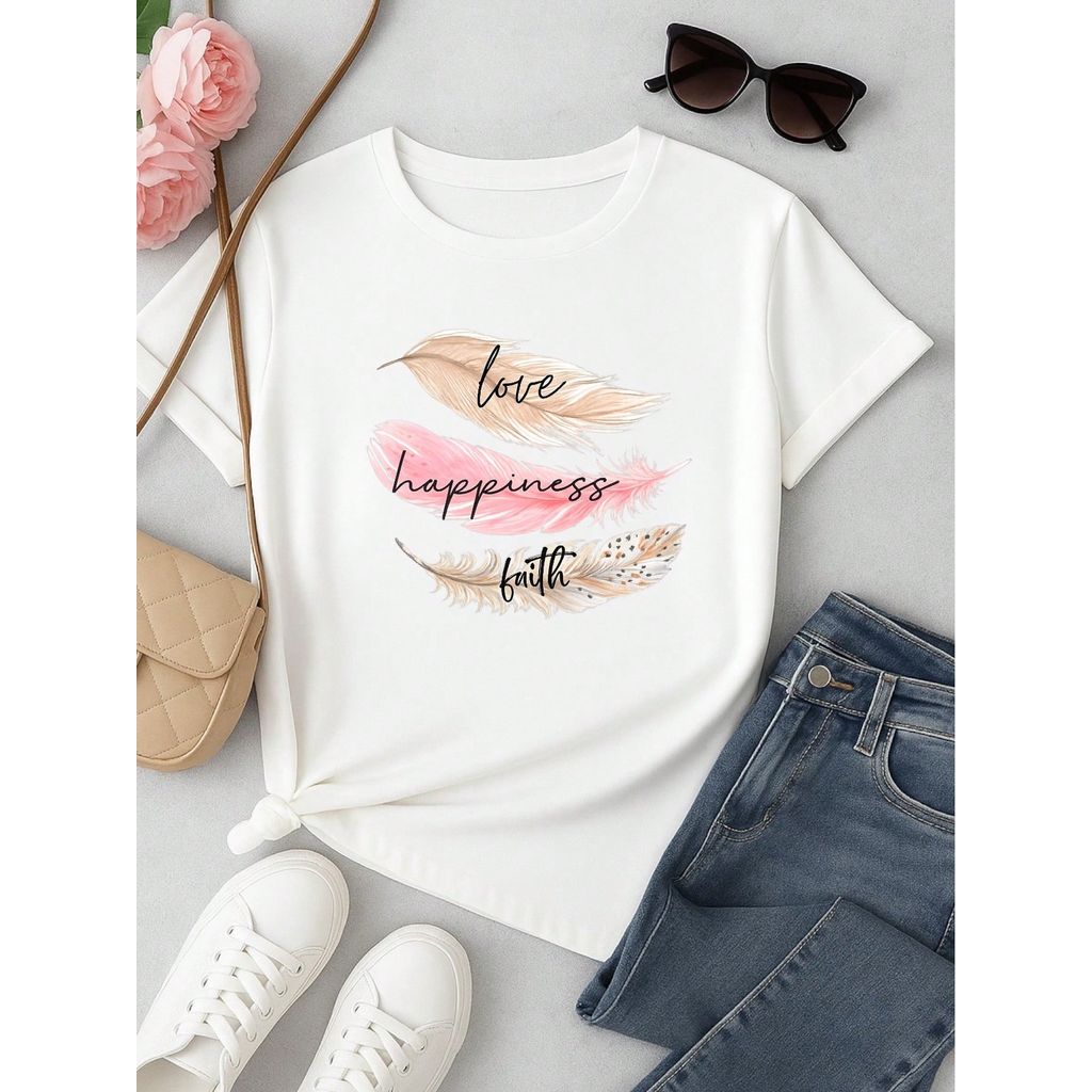 Camiseta Feminina 100% Algodão Estampa Love Happiness Faith Penas Casual P-GG