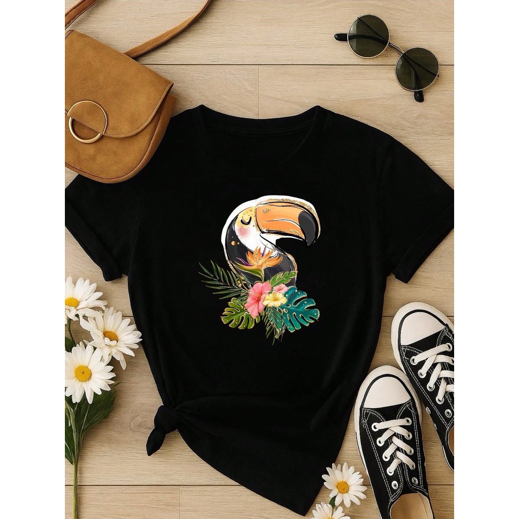 Blusa Feminina 100% Algodão Estampa Tucano Tropical | Camiseta Casual Confortável