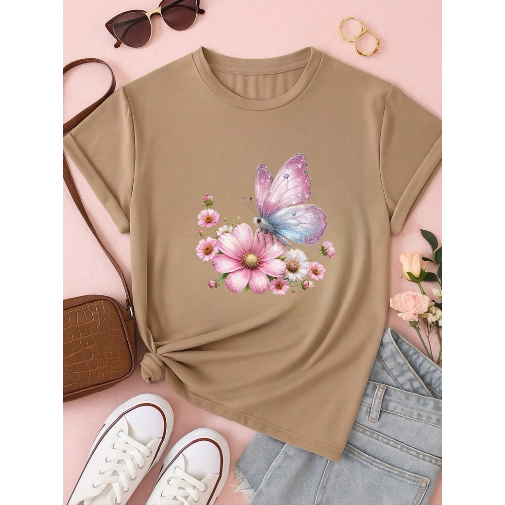 Blusa Feminina 100% Algodão Estampa Borboleta Floral | Camiseta Casual Confortável P ao GG
