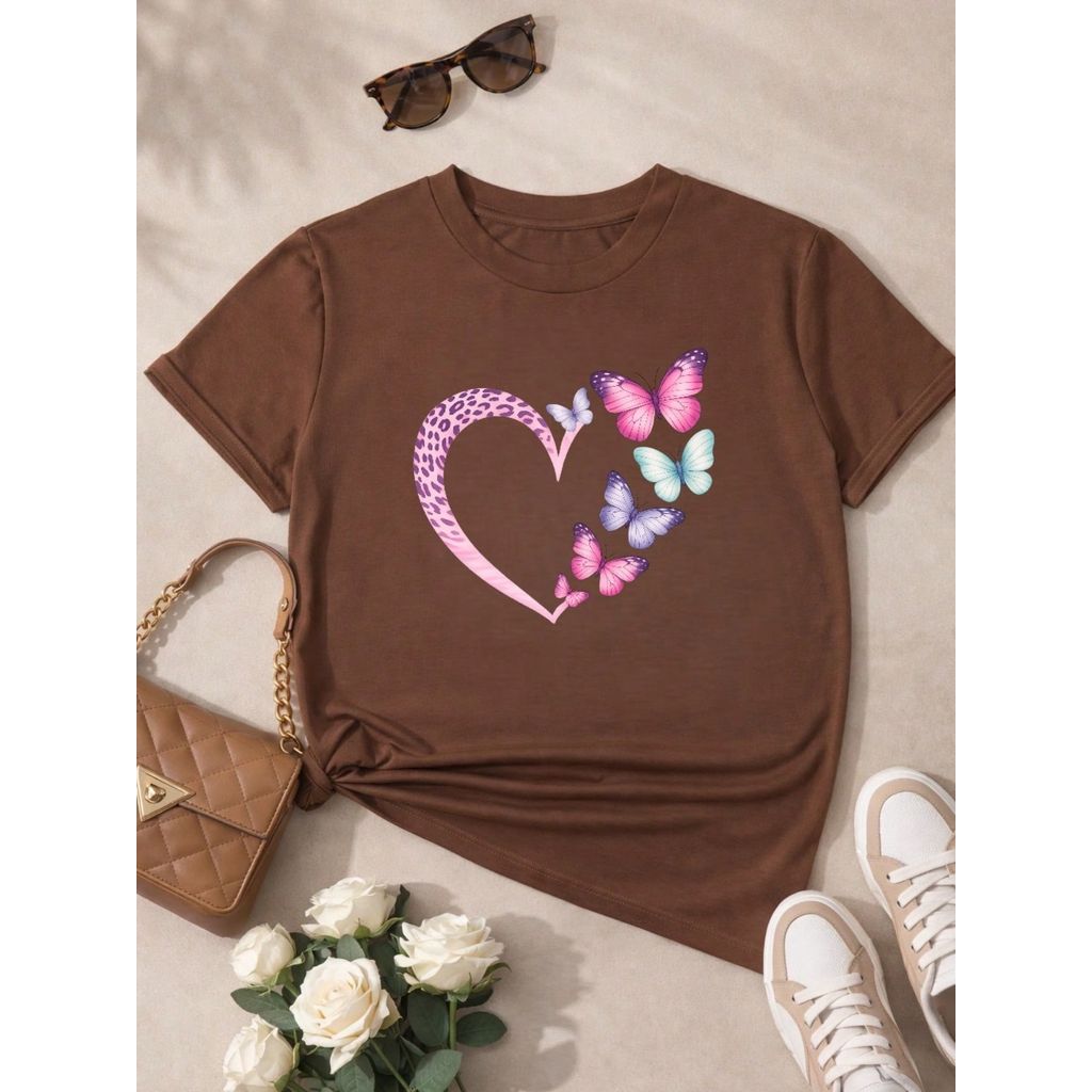 Camiseta Feminina 100% Algodão Coração com Borboletas Estampa Delicada Casual P-GG
