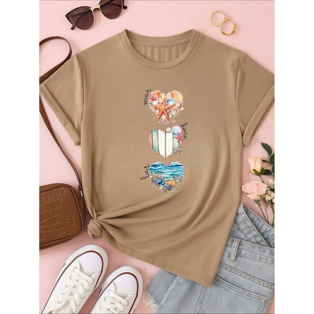 Camiseta Feminina T-shirt 100% Algodão  Blusa Feminina  Estampa Mar Doce Lar Praia Casual P-GG