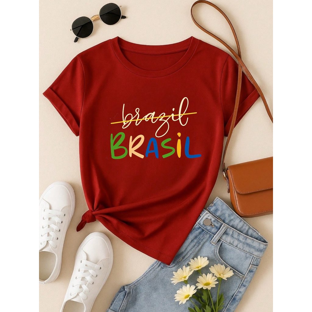 Camiseta Feminina Brasil Copa Estampada Casual 100% Algodão Manga Curta Confortável Verão