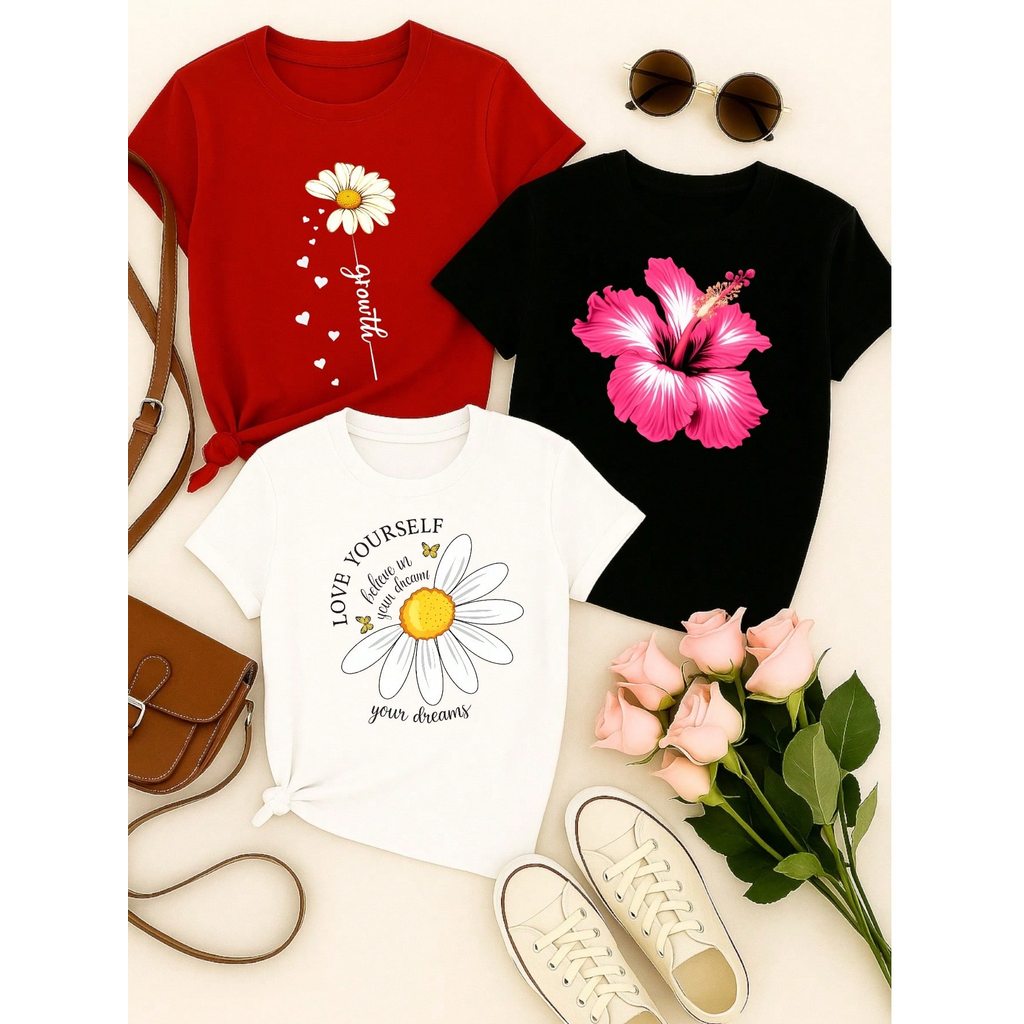 Kit 3 Blusas Femininas Estampadas Floral Casual – Manga Curta e Confortável