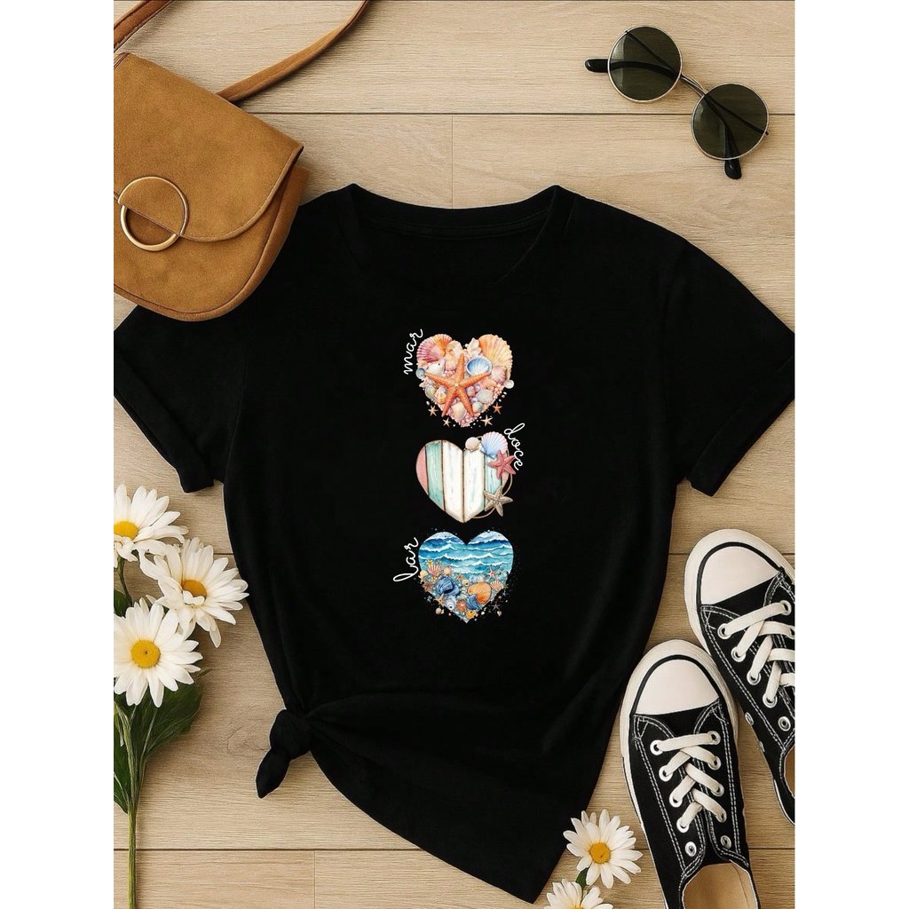 Camiseta Feminina T-shirt 100% Algodão  Blusa Feminina  Estampa Mar Doce Lar Praia Casual P-GG