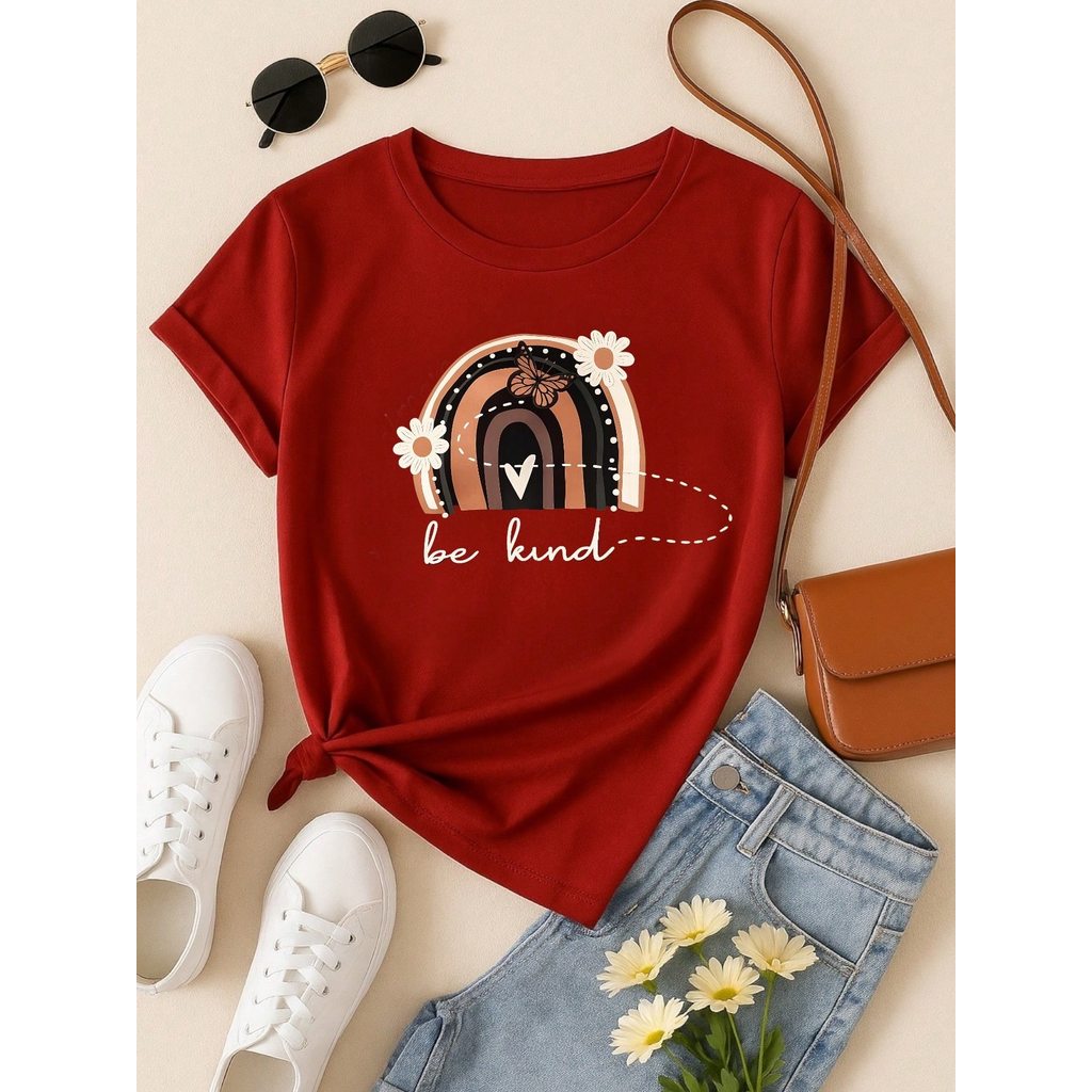 Camiseta Feminina 100% Algodão Blusa T-shirt Babylook Estampa Be Kind Arco Íris Casual P-GG