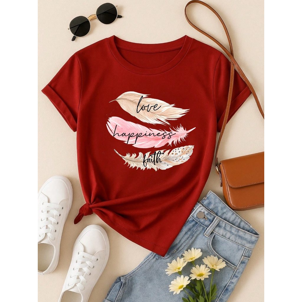 Camiseta Feminina 100% Algodão Estampa Love Happiness Faith Penas Casual P-GG