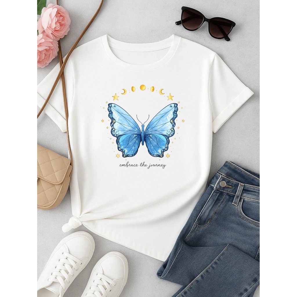 Camiseta Feminina 100% Algodão Estampa Love Happiness Faith Penas Casual P-GG