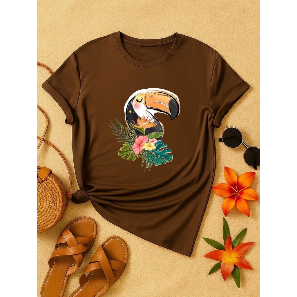 Blusa Feminina 100% Algodão Estampa Tucano Tropical | Camiseta Casual Confortável