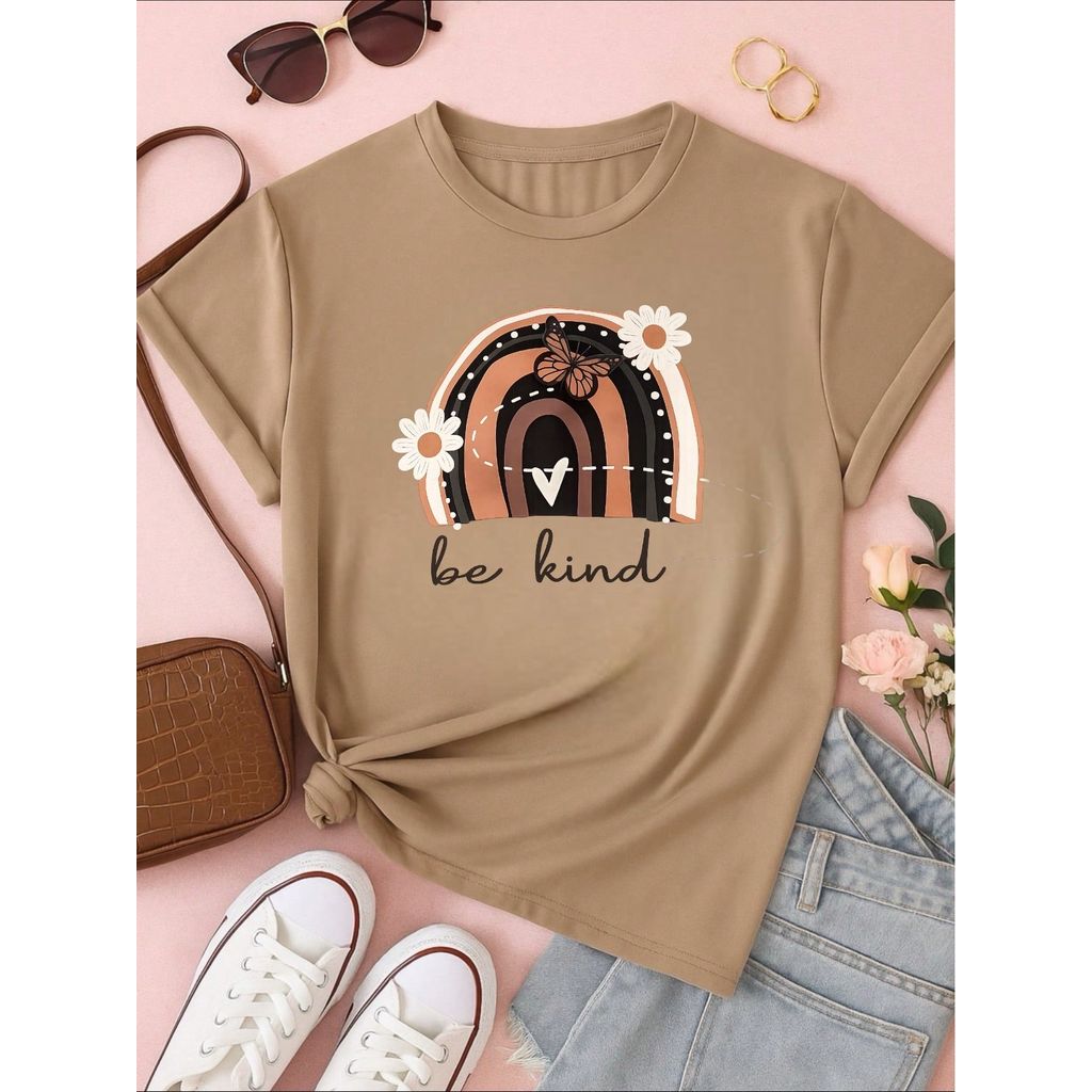 Camiseta Feminina 100% Algodão Blusa T-shirt Babylook Estampa Be Kind Arco Íris Casual P-GG